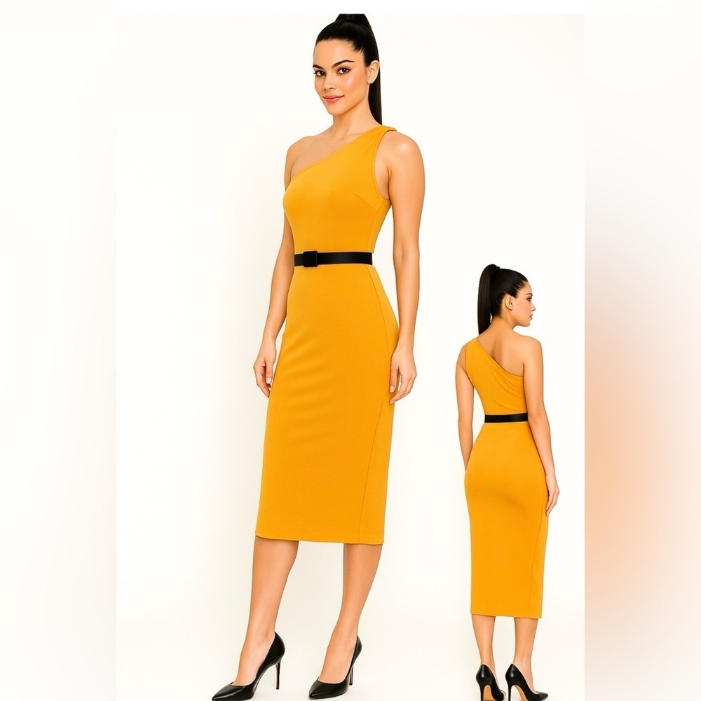ANTONIO MELANI Mustard One Shoulder Bodycon Midi Dress